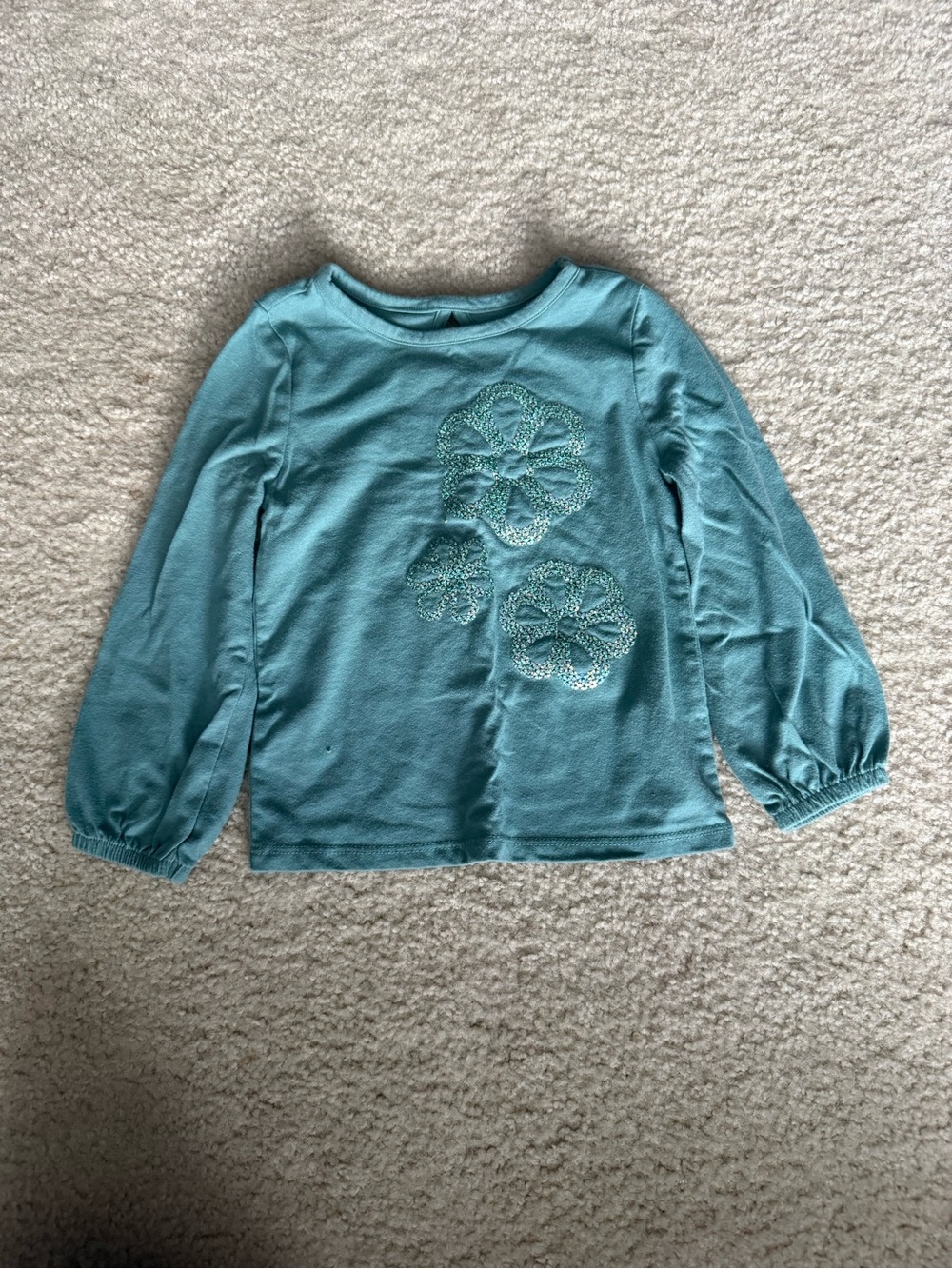 Girls' Teal Long-Sleeve Top with Floral Appliqué